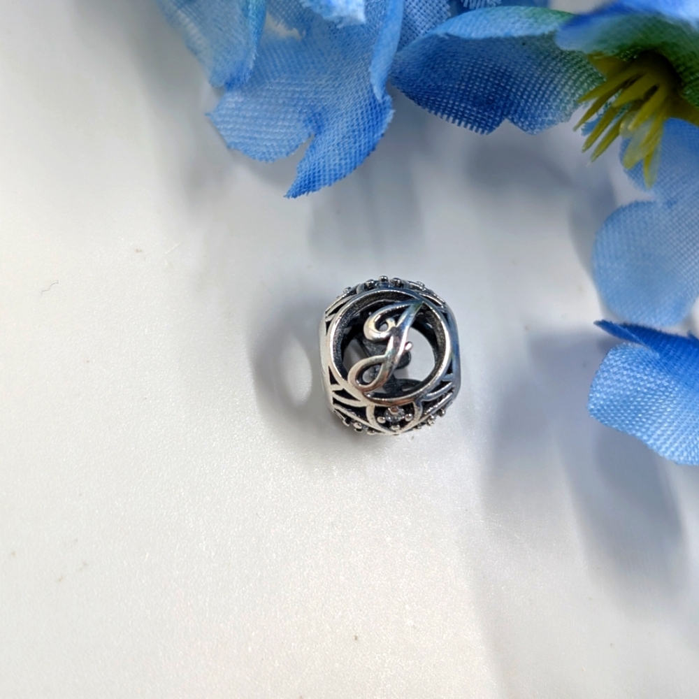 J Initial 925 Sterling Silver and White Sapphire Bracelet Charm / Pendant